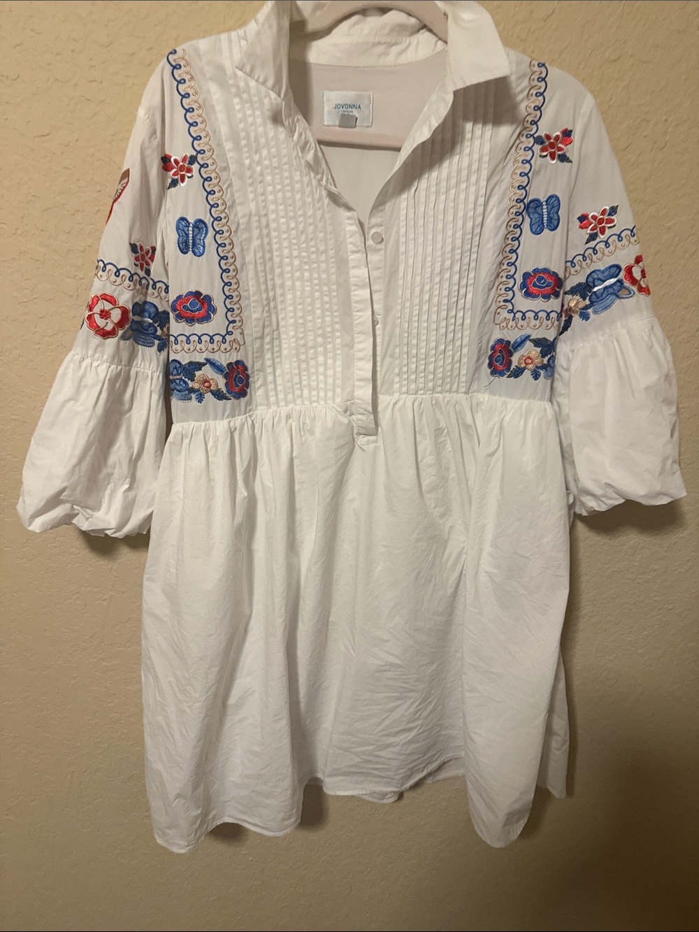 White Embroidered Pintuck Tunic with Blue & Red Floral Accents